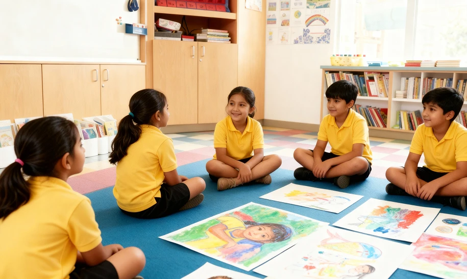 Students of Chowgule International School, Margao discussing during an Arts Class