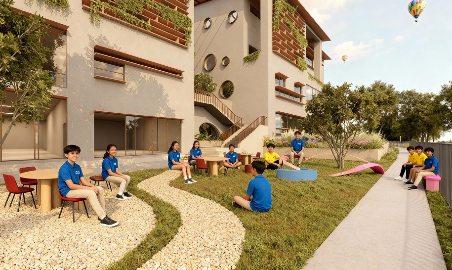 Students sitting in the outdoor landscaped courtyard at Chowgule International School campus in Margao, Goa.
