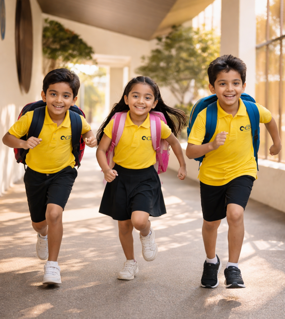 Happy young CIS school children wearing yellow uniforms and backpacks running playfully in a bright campus hallway.