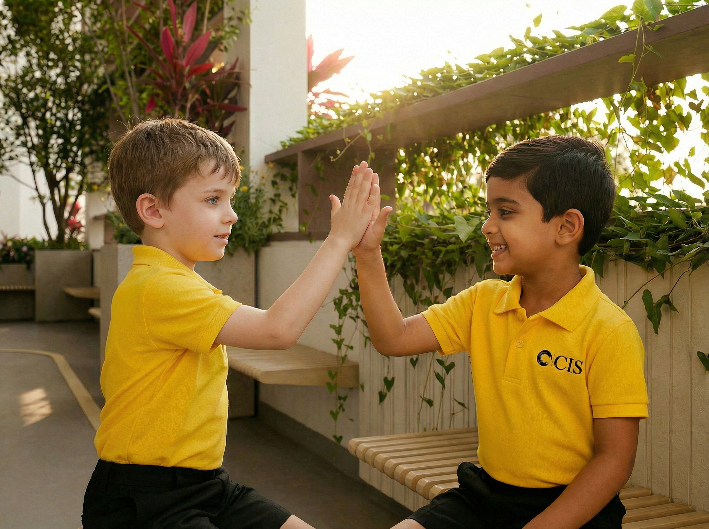 Two primary students giving a high-five in a landscaped outdoor seating area at Chowgule International School, Goa.