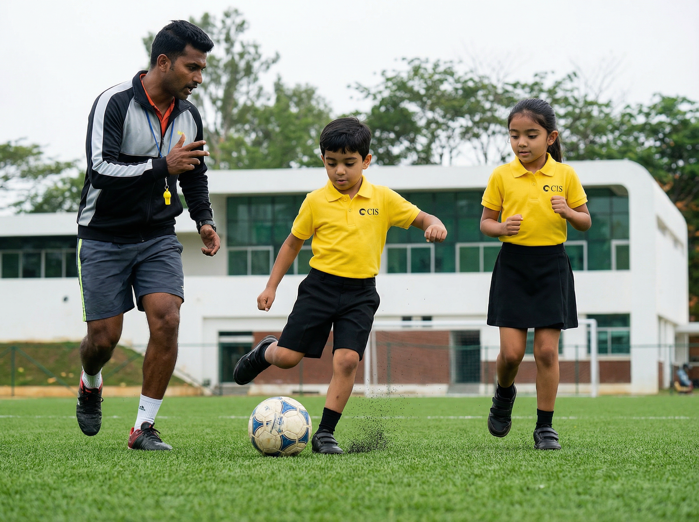 Students training with a coach on the International turf football ground at Chowgule International School in Margao, Goa.