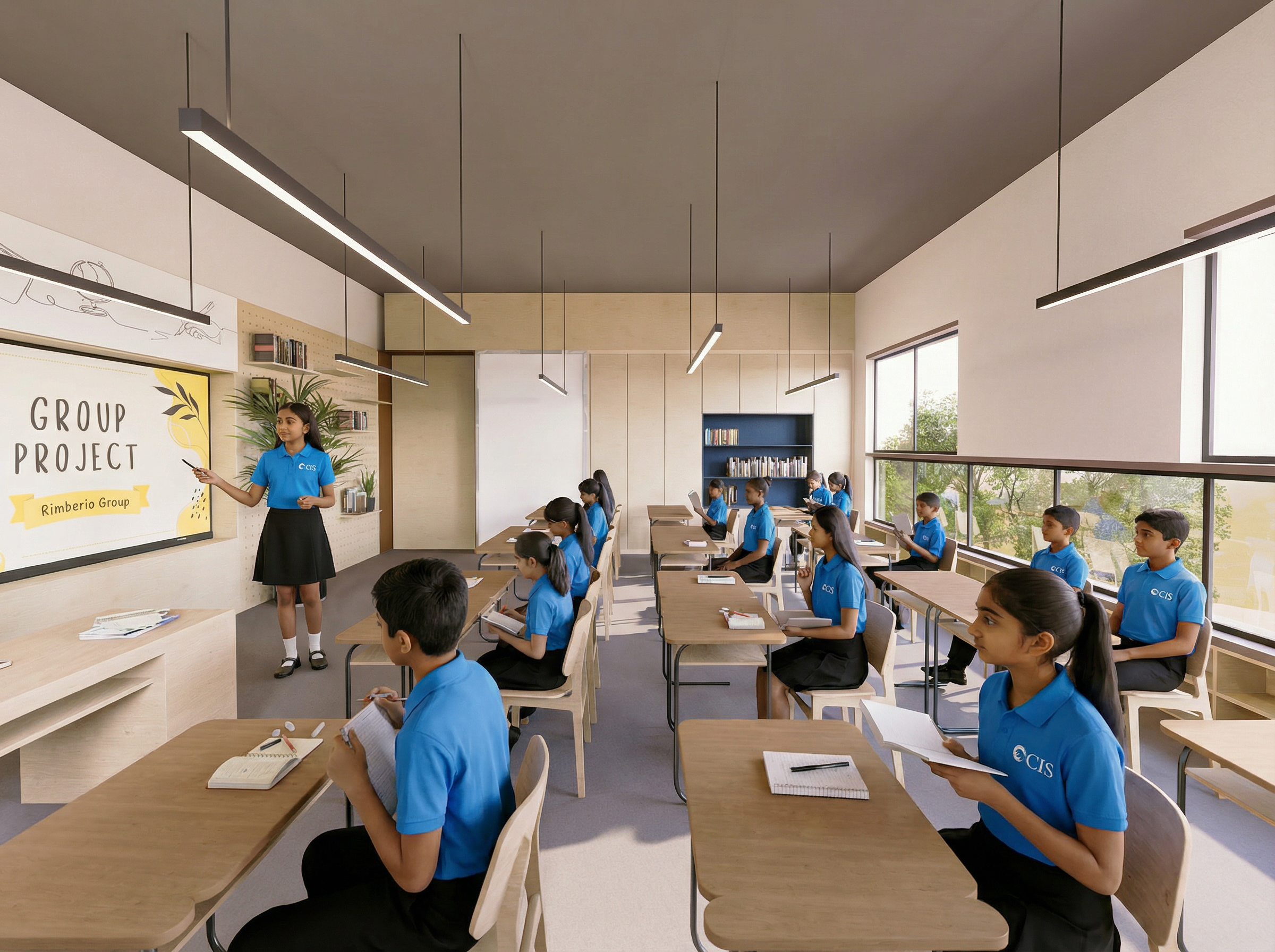 A student presenting in a smart classroom to classmates in a modern, bright classroom at Top International school in Margao Goa