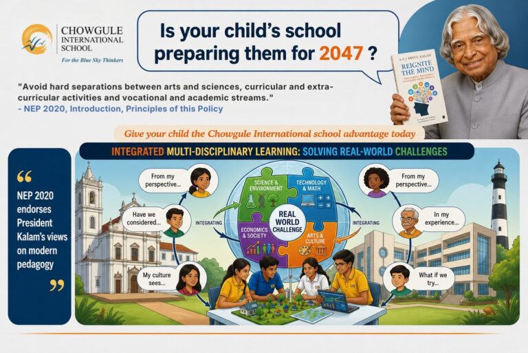 Infographic by Chowgule International School illustrating multidisciplinary, inquiry-based learning that prepares students to solve real-world challenges through integrated education.